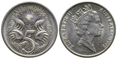 АВСТРАЛИЯ 5 ЦЕНТОВ 1998 ЕЛИЗАВЕТА II, ВТОРОЙ ПОРТРЕТ В КОРОНЕ, ЕХИДНА KM 80 медно-никель 84-912