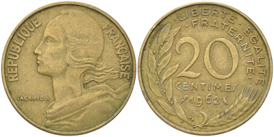 Франция 20 сантимов 1962 KM 930 алюминиевая бронза 4159-1015