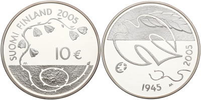 Финляндия 10 евро 2005 60 лет мира в Европе, голубь мира KM 120 серебро PROOF 11-183-12