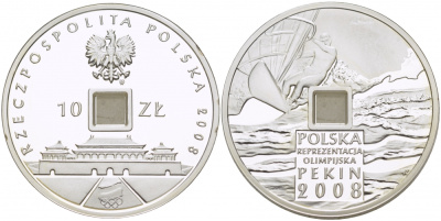 Польша 10 злотых 2008 XXIX Летние Олимпийские игры 2008 года в Пекине, виндсерфинг, стилизованная под старинный кэш KM 646 серебро PROOF 1084-7-31
