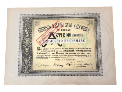 Германия акция в 1000 марок 1922 компании Rheinisch-Westfälische Kalkwerke AG / специализировалась на добыче известняка и производстве извести для сталелитейной промышленности бумага 5555-27