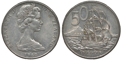 Новая Зеландия 50 центов 1980 Елизавета II (1952-2022), парусник Индевор KM 37 медно-никель 4125-214