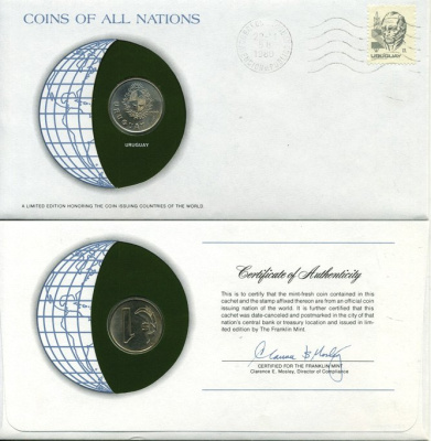 Уругвай 1 песо 1980 монета в конверте с маркой и спецгашением KM 74 медно-никель UNC 4294-38-2