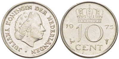 НИДЕРЛАНДЫ 10 ЦЕНТОВ 1975 ЮЛИАНА (1948-1980) KM 182 никель 116-925