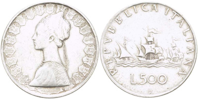 Италия 500 лир 1960 R, корабли Колумба KM 98 серебро 4531-126