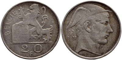 Бельгия 20 франков 1951 Бодуэн I (1951-1983), BELGIE KM 141.1 серебро 633-931
