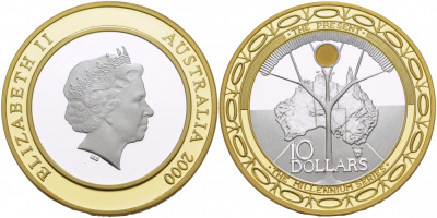 Австралия 10 долларов 2000 миллениум, серебро, позолота KM 511 биметалл PROOF 11-091-43
