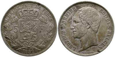 Бельгия 5 франков 1850 Леопольд I (1831-1865) KM 17 серебро 00-1067-3-43