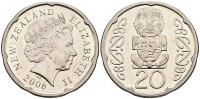 Новая Зеландия 20 центов 2006 Елизавета II (1952-2022), идол Пукаки KM 118а никелированная сталь 4579-1146
