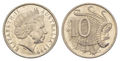 Австралия 10 центов 1999 Елизавета II (1952-2022), птица лирахвост KM 402 медно-никель 4384-251