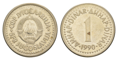 Югославия 1 динар 1990 KM 142 медь цинк никель aUNC 4543-954