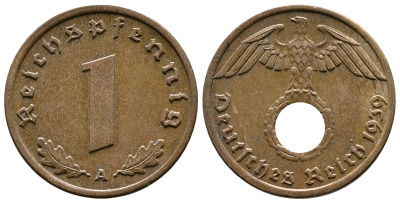 Германия 1 рейхспфенниг 1939 A KM 89, J. 361 бронза    220-335