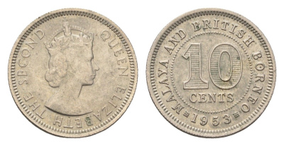 Британская Малайя 10 центов 1953 Елизавета II (1952-2022) KM 2 медно-никель 4659-1238