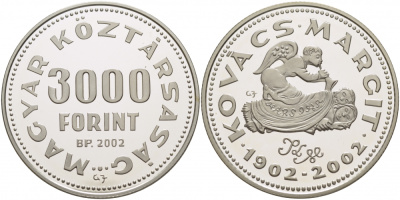 Венгрия 3000 форинтов 2002 100 лет со дня рождения Маргит Ковач (1902-1977) KM 767 серебро PROOF 01-084-23