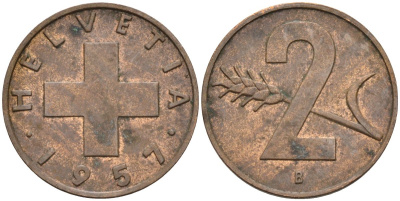 Швейцария 2 раппена 1957 В KM 47 бронза 4591-1156