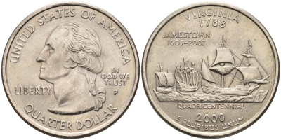 США 25 центов = квотер 2000 Р, серия штаты США, Вирджиния KM 309 медь плакированная медно-никелем 4586-143