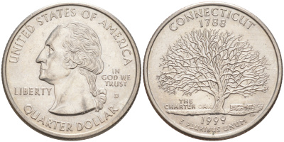 США 25 центов = квотер 1999 D, серия штаты США, Коннектикут KM 297 медь плакированная медно-никелем 4114-137