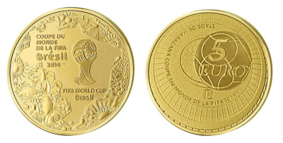Франция 5 евро 2014 Чемпионат мира по футболу в Бразилии KM NEW золото  PROOF  2-4-2-06