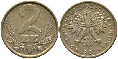 ПОЛЬША 2 ЗЛОТЫХ 1985 MW KM 80.1 латунь 110-911