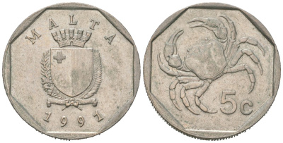 Мальта 5 центов 1991 краб KM 95 медно-никель 192-1236