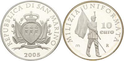 Сан-Марино 10 евро 2005 милиция, карабинеры, в оригинальной коробке, с сертификатом KM 344 серебро PROOF 14-01-04-10
