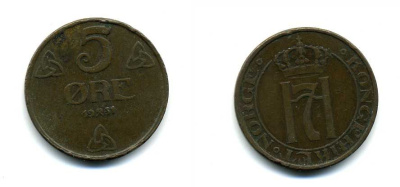 НОРВЕГИЯ 5 ЭРЕ 1931 ХОКОН VII KM 368 бронза 56-313