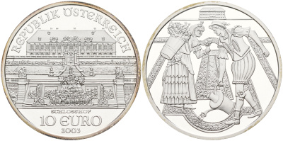 Австрия 10 евро 2003 дворец Шлосс Хоф, крестьяне, в оригинальной коробке с сертификатом KM 3103 серебро PROOF 1-5-2-17