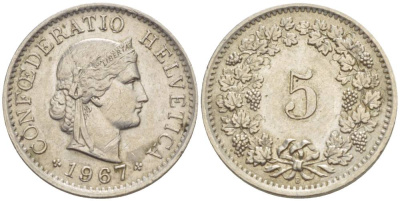 ШВЕЙЦАРИЯ 5 РАППЕНОВ 1967 В KM 26 медно-никель 4532-957