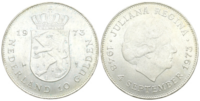 Нидерланды 10 гульденов 1973 25 лет правления королевы Юлианы KM 196 серебро 74-514