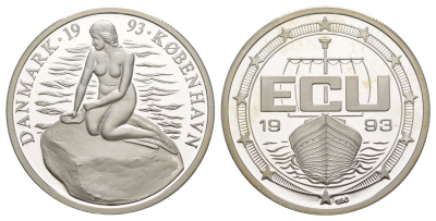 Дания 1 экю 1993 Копенгаген, Русалочка X 22 серебро PROOF 1083-5-44