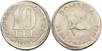 Румыния 10 леев 1992 технологический брак монетного двора KM 108 сталь плакированная никелем UNC 441-633