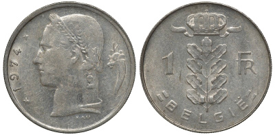 БЕЛЬГИЯ 1 ФРАНК 1974 KM 142.1 медно-никель 72-1052