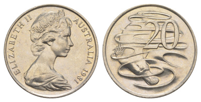 Австралия 20 центов 1981 Елизавета II (1952-2022), утконос KM 66 медно-никель UNC 4379-1122