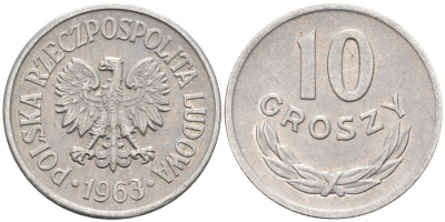 ПОЛЬША 10 ГРОШЕЙ 1963 KM AA47 алюминий 192-1021