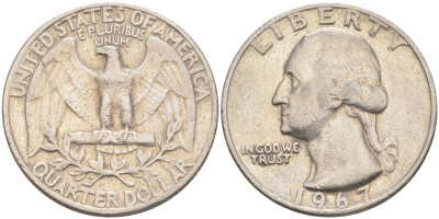 США 25 центов (квотер)1967 Вашингтон KM 164a медь плакированная медно-никелем 83-414