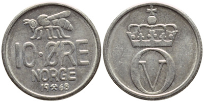 Норвегия 10 эре 1968 пчела, Улаф V (1958-1991) KM 411 медно-никель 4396-417