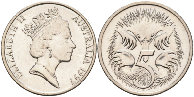 Австралия 5 центов 1997 Елизавета II (1952-2022), ехидна KM 80 медно-никель 4580-326