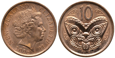Новая Зеландия 10 центов 2006 Елизавета II (1952-2022), маска маори KM 117а сталь плакированная медью 4579-1027