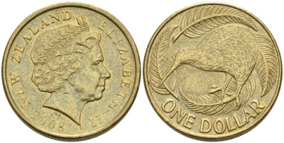 Новая Зеландия 1 доллар 2008 Елизавета II (1952-2022), птица киви  KM 120 алюминиевая бронза 51-1056
