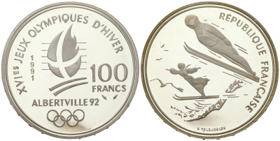 Франция 100 франков 1991 XVI Зимние Олимпийские игры 1992 в Альбервиле, прыжки с трамплина KM 995 серебро  PROOF  11-082-42