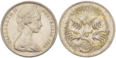 АВСТРАЛИЯ 5 ЦЕНТОВ 1968 ЕЛИЗАВЕТА II, МОЛОДОЙ ПОРТРЕТ, ЕХИДНА KM 64 медно-никель 4385-663