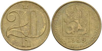 Чехословакия 20 геллеров 1989 KM 74 латунь 4152-847