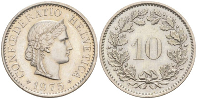 ШВЕЙЦАРИЯ 10 РАППЕНОВ 1975 KM 27 медно-никель 55-456