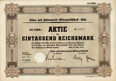 Германия 1000 рейхсмарок 1940 Акционерное общество металлургических и металлургических заводов, Кельн, акция   бумага   8803-64-1
