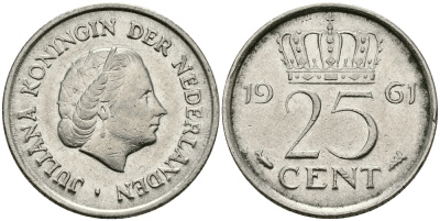 НИДЕРЛАНДЫ 25 ЦЕНТОВ 1961 ЮЛИАНА KM 183 никель 96-148