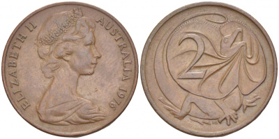 Австралия 2 цента 1976 Елизавета II (1952-2022), плащеносная ящерица (FRILLED LIZARD)  KM 63 бронза 4519-445