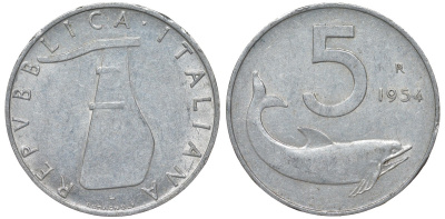 Италия 5 лир 1954 R, дельфин KM 92 алюминий 4164-426