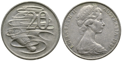АВСТРАЛИЯ 20 ЦЕНТОВ 1981 ЕЛИЗАВЕТА II, МОЛОДОЙ ПОРТРЕТ, УТКОНОС KM 66 медно-никель 84-1024
