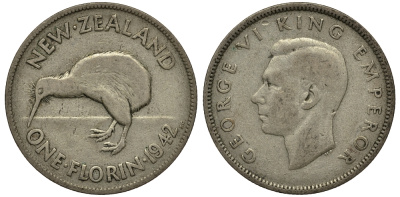 Новая Зеландия 1 флорин 1942 Георг VI (1936-1952), птичка киви KM 10.1 серебро 272-1531