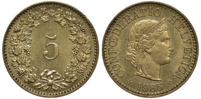 Швейцария 5 РАПППЕНОВ 1985 KM 26с алюминий латунь 186-1014